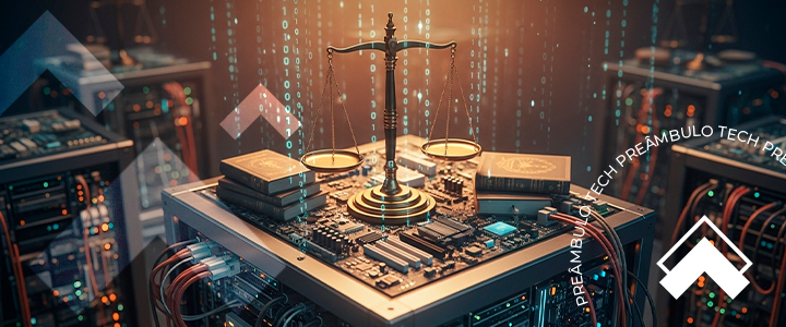 Representação visual da isonomia com balança da Justiça sobre tecnologia digital