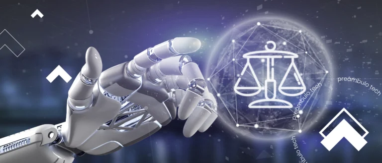 Mão robótica apontando para ícone de balança digital representando a aplicação de IA no setor jurídico