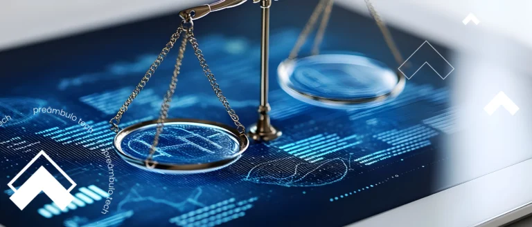 Imagem conceitual com balança da Justiça representando equilíbrio na gestão jurídica com software parametrizável