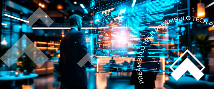 Profissional de direito interagindo com em uma tela de soluções LegalTech em um ambiente corporativo digital