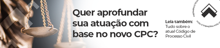 Banner com balança da Justiça e chamada para aprofundar a atuação com base no novo Código de Processo Civil