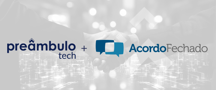 Logos da Preâmbulo Tech e Acordo Fechado sobre fundo de aperto de mãos, simbolizando parceria estratégica em tecnologia jurídica.