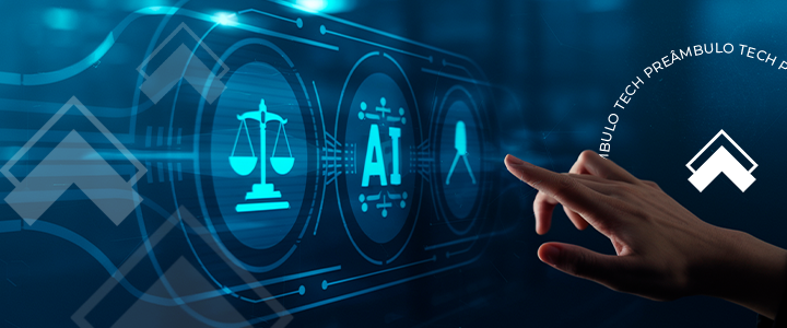 Interface digital com ícones de Justiça, IA e perfil jurídico, tocada por uma mão.