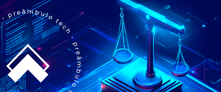 Balança da Justiça digital simbolizando o futuro do Direito com tecnologia jurídica