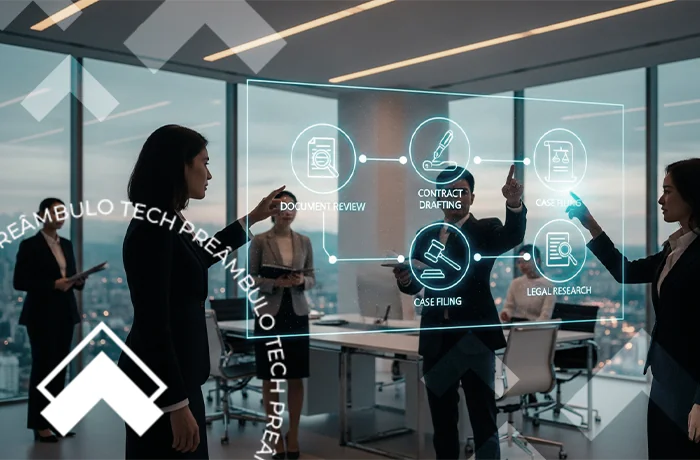 Advogados interagindo com painel digital de automação de peças jurídicas